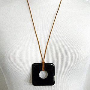 Black Glass Pendant Square Geometric Leather Boho Statement Necklace